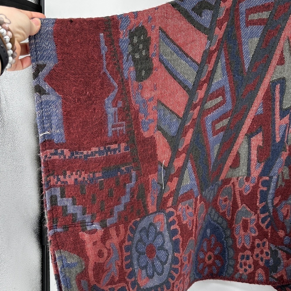 A&F Cottagecore Western Whimsgoth Boho Art Burgundy/Blue Patterned Poncho SzOS - Picture 6 of 12